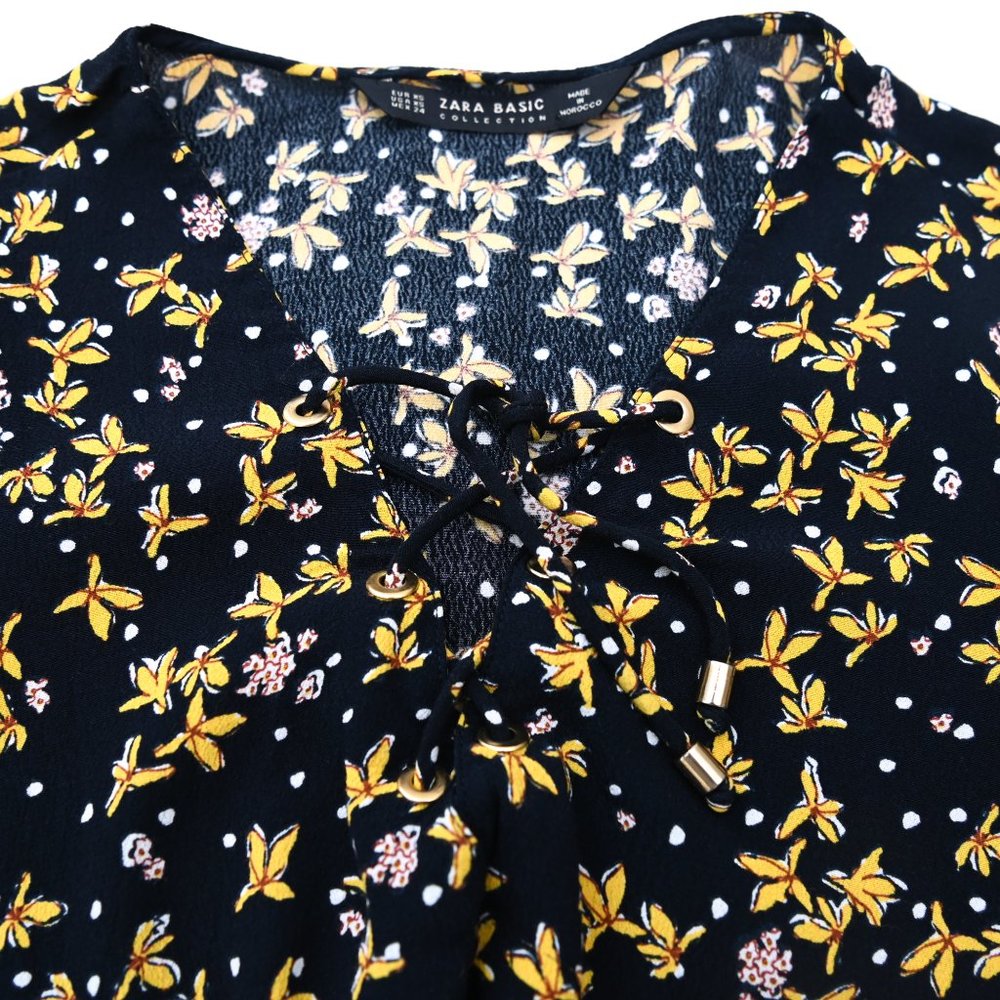 ZARA Black & Yellow Floral Bell Sleeve Women's Top - Size XS